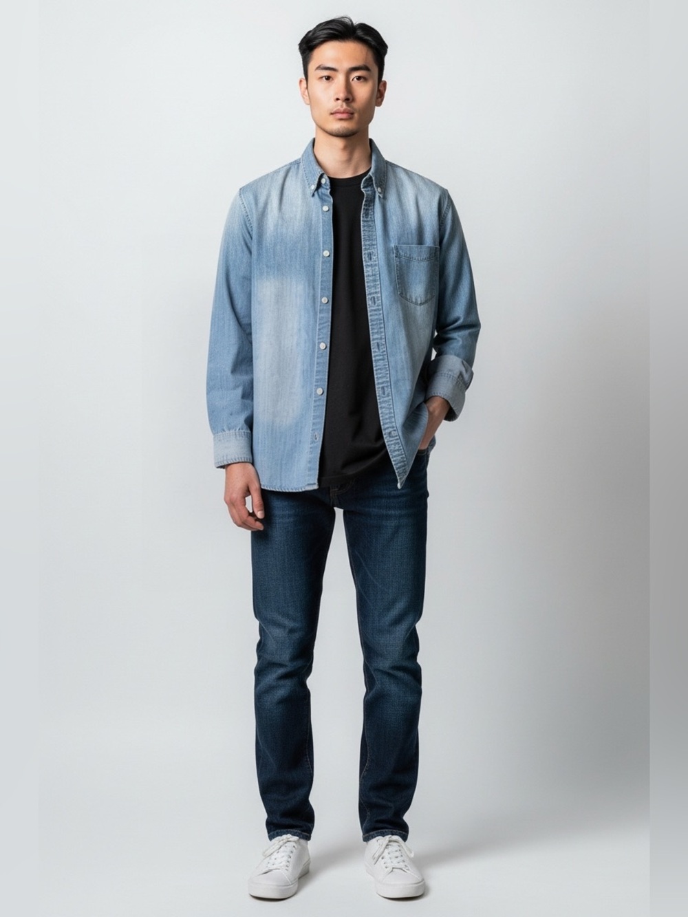 West 49 Light Wash Denim Button Down Shirt Long Sleeve Faded Stone Wash - Small